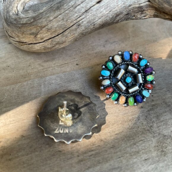 RARE Lorraine Waatsa Zuni Cluster Earrings Vintage Signed - Picture 4 of 8
